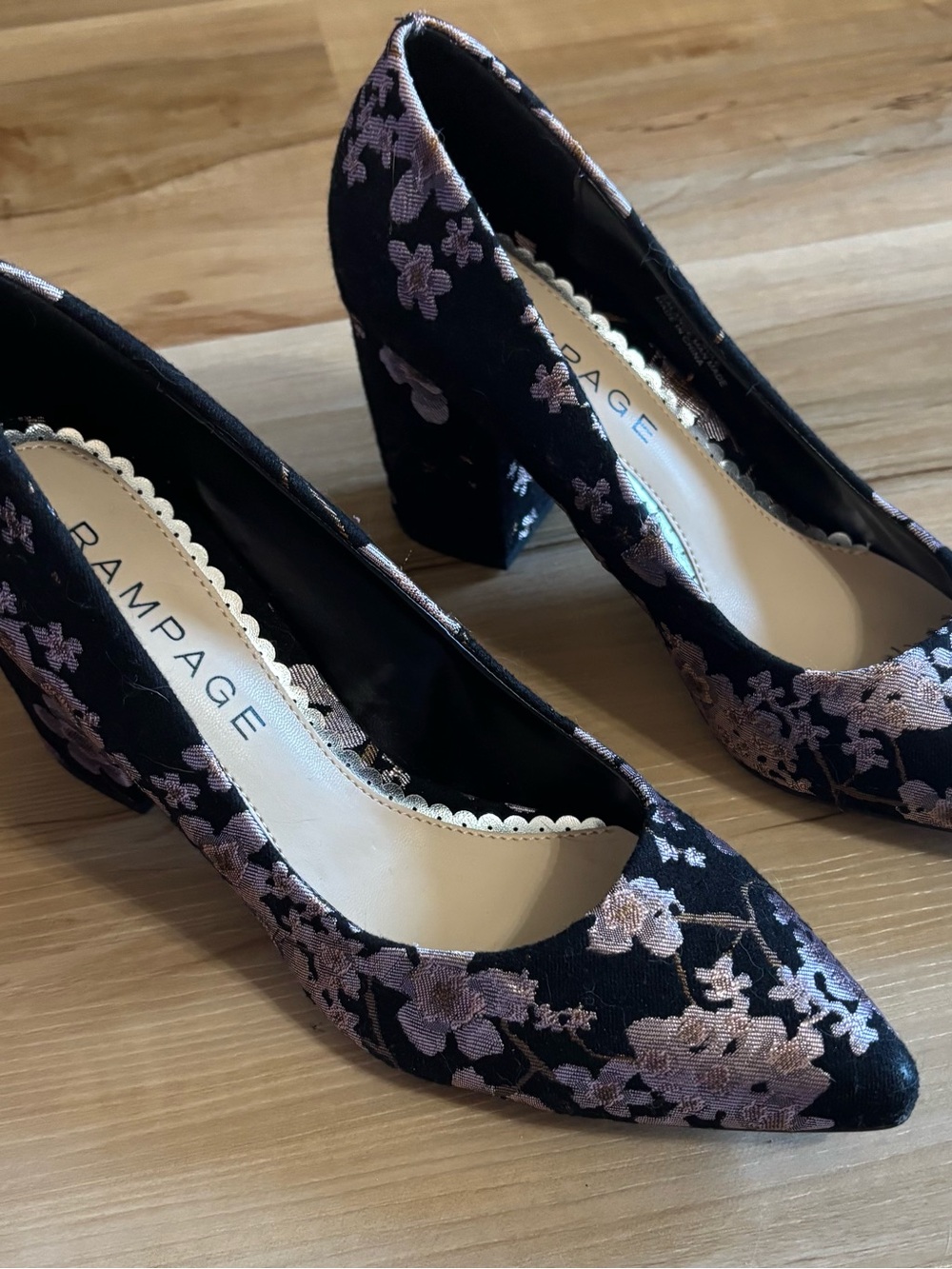 Rampage Black Pumps with Pink Floral Embroidery Accents